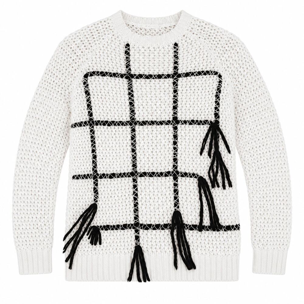 Tory Burch Embroidered Tassel Grid Knit Pullover | Size S